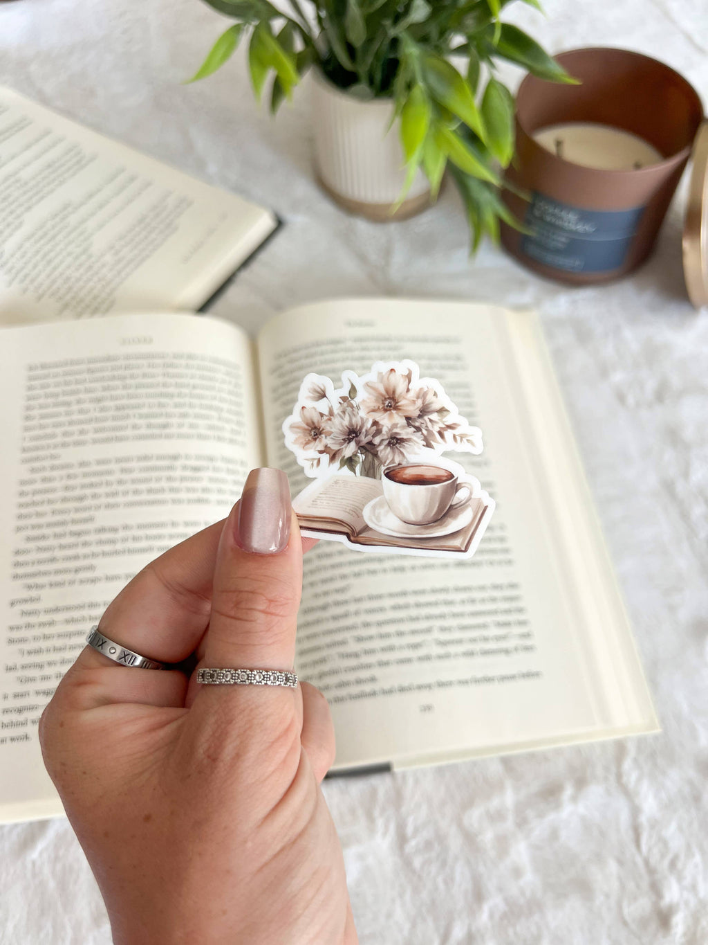 Floral Book and Coffee Vinyl Sticker, Light Academia, Beige