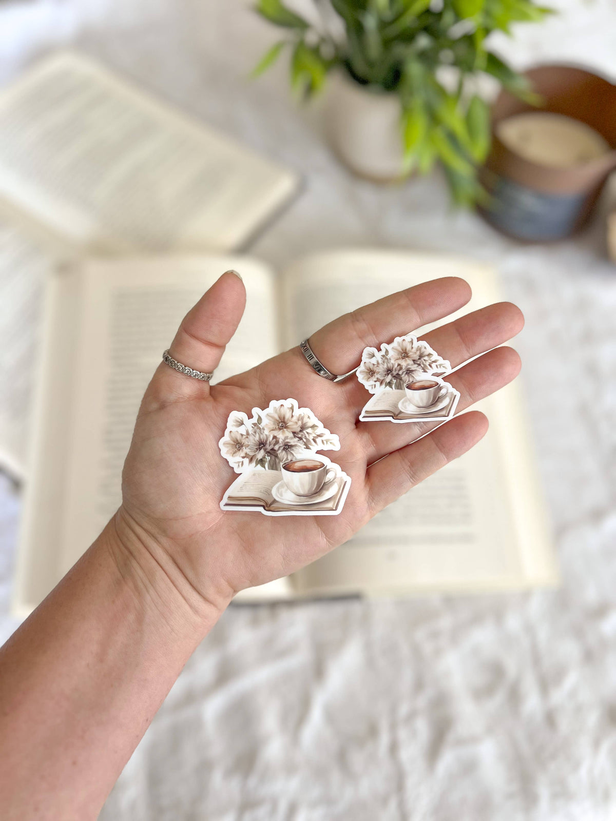 Floral Book and Coffee Vinyl Sticker, Light Academia, Beige