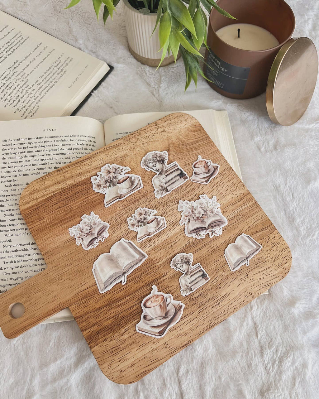 Floral Book and Coffee Vinyl Sticker, Light Academia, Beige